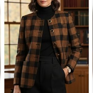 Vintage John Meyer Orange & Black Plaid Houndstooth Button Down Blazer 8